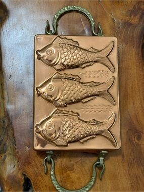 Vintage Copper Plated Fish Mold. Koi Fish. Brass and Iron Handles. Kitchen decor